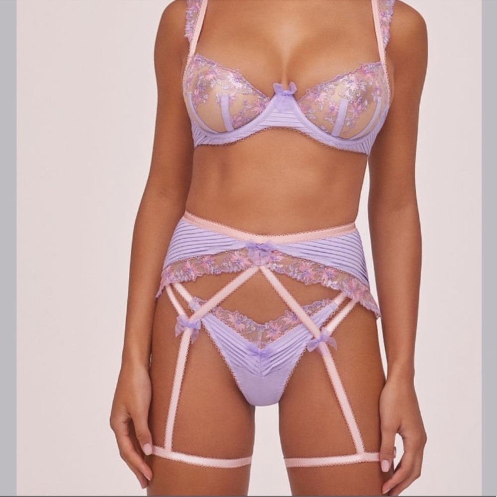 3 PC For Love And Lemons Ophelia Lilac and Blush Iridescent Lace Bra Set - Picture 6 of 14